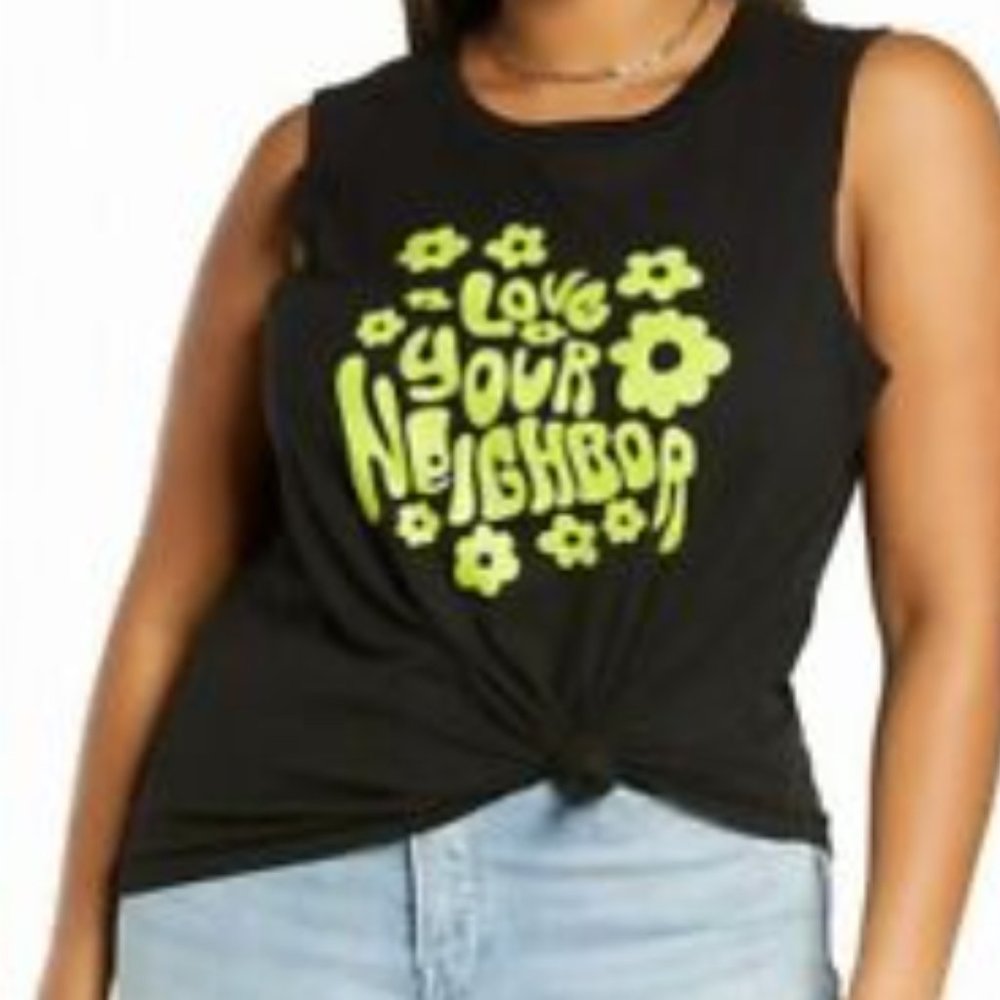 BP Graphic Muscle Tank, in Black- Green "Love Your Neighbor"